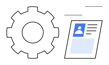 Identity management concept. Gear icon paired with a user profile, identity verification, user access, and process optimization. Ideal for technology, security, and HR . Business operations digital