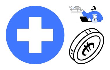 Çevrimiçi ödemeler, sağlık sistemleri, kripto para kullanımı, finansal uygulamalar, dijital bankacılık, parasal işlemler. Mavi haç simgesi, bankacılık arayüzünü yöneten dijital para adamı. Çevrimiçi ödemeler