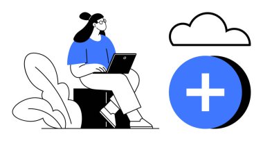 Bulut depolama kavramı. Uzak iş ve dijital işbirliği için bulut depolama, kusursuz dosya yönetiminin vurgulanması. Bulut depolama erişilebilirliği ve verimliliği arttırır. Teknoloji ve iş için.