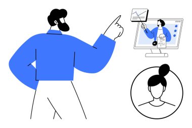 Uzaktan çalışma konsepti. Uzaktan işbirliği ve çevrimiçi sunum araçları etkili takım iletişimini sağlar. Uzak çalışma işyeri esnekliğini, çevrimiçi eğitimi ve iş büyümesini artırır