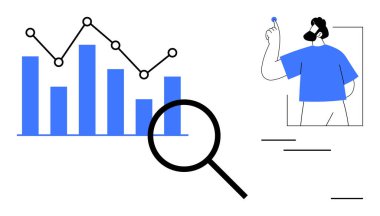 Veri analizi, iş büyümesi, araştırma, bilgi görselleştirme, pazarlama sezgileri, analitikler. Verileri analiz eden bir figürle bar tablosunu ve büyüteci gösteren grafikler. Veri analizi