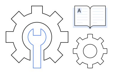 Mühendislik, eğitim, onarım araçları, bilgi paylaşımı, mekanik süreçler, yenilik. Açık bir kitabın yanında vites ve anahtar ikonu. Mühendislik ve eğitim kavramı