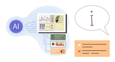 Yapay zeka entegrasyonu, veri analizi, teknolojik yenilik, makine öğrenmesi, dijital arayüz, iletişim. Veri tabloları, konuşma balonu ve yapay zeka etiketi. Teknolojide yapay zeka entegrasyonu ve veri analizi