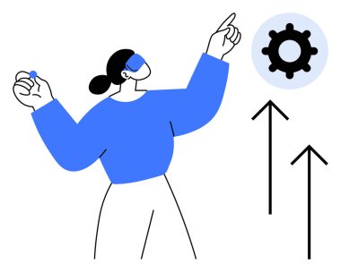 Teknoloji konsepti. Bir kadın dişli ikon teknolojisi aletleri ve büyümesiyle etkileşime girer. Teknoloji, gelişmeler, verimlilik ve yenilik. İş, işlemler, yazılım, ilerleme için