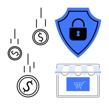 E-ticaret güvenliği, çevrimiçi alışveriş, mali işlemler, internet gizliliği, dijital ödeme, siber koruma. Kalkan, madeni paralar ve dükkan önü. E-ticaret güvenliği ve mali işlemler
