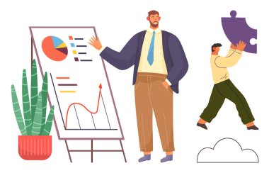 Business strategy, teamwork, growth, problem-solving, planning, creative solutions. A man presenting data on a whiteboard, another lifting a puzzle piece. Business strategy and teamwork concept