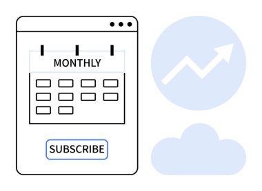 Abonelik hizmetleri, finansal planlama, bulut depolama, performans artışı, dijital araçlar, SaaS platformları. Abone düğmesi ve yukarı ok ile aylık takvim. Üyelik hizmetleri