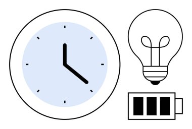 Zaman yönetimi konsepti. Saat, ampul ve akü ikonları zaman, enerji verimliliği ve güç koruma. Verimliliği, sürdürülebilirliği ve planlamayı ön plana çıkarıyor. İş enerjisi eğitimi için