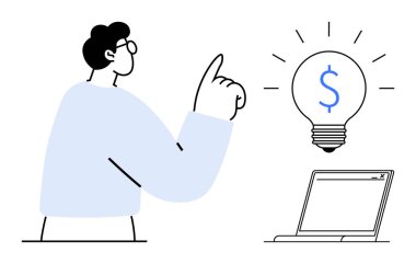 Çevrimiçi iş, finans, yenilik, dijital pazarlama, e-ticaret, kavramsal düşünce. Adamın biri dizüstü bilgisayarın yanında parlayan bir ampulü işaret ediyor. Çevrimiçi iş ve finans kavramı