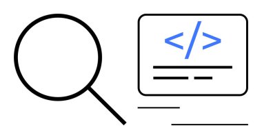 Web geliştirme, veri analizi, kod denetimi, çevrimiçi güvenlik, teknoloji araştırması, yazılım mühendisliği. Kodlama sembolünün yanında büyüteç. Web geliştirme ve veri analiz kavramı