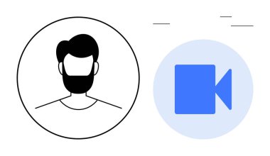 Dijital iletişim, profil görselleri, video çağrısı, çevrimiçi etkileşim, sanal buluşma araçları, kullanıcı arayüzü tasarımı. Minimalist kullanıcı profili ve görüntülü sohbet simgeleri. Dijital iletişim ve video