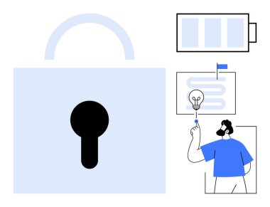 Siber güvenlik, veri koruması, yenilik, enerji çözümleri, yaratıcı düşünme, strateji, modern teknoloji. Ampulü gösteren büyük kilit simgesi. Siber Güvenlik