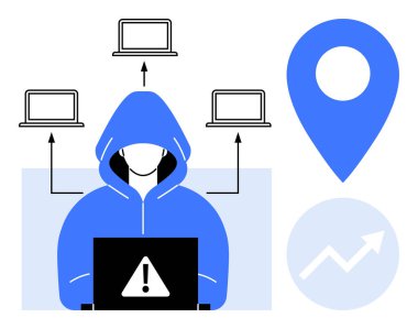 Siber güvenlik, çevrimiçi güvenlik, hackleme, veri koruması, dijital tehditler, yer tespiti. Uyarı simgesini gösteren kapüşonlu bir figür, bağlı dizüstü bilgisayarlar, konum şifresi ve yükselen grafikler