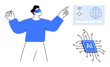 Yapay zeka, sanal gerçeklik, teknolojik yenilik, dijital arayüzler, veri bağlantısı, gelecek eğilimleri. Dijital yapay zeka elemanları ve VR kulaklıklarıyla etkileşimde olan biri. Yapay