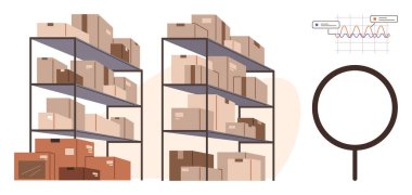 Lojistik, envanter takibi, tedarik zinciri, e-ticaret, depo yönetimi, veri analizi. Raflarda kutular ve büyüteç. Lojistik ve envanter izleme kavramı