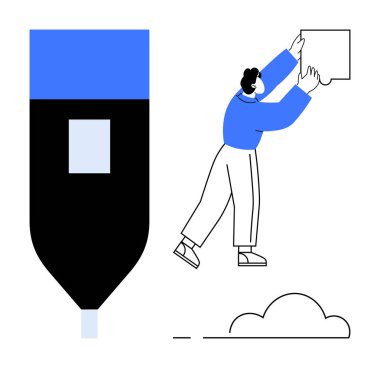 Yaratıcı iş akışı. Boş bir poster asan birinin yanında koyu siyah ve mavi bir işaret. Yaratıcı araçlar tasarımda görselleştirmeyi ve üretkenliği artırır. Pazarlama, eğitim, tasarım için