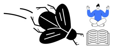 Farkındalık, eğitim, doğa, kendini keşfetme, rahatlama, huzurlu yaşam. Uçan bir böceğin minimalist çizimi, meditasyon yapan biri ve açık bir kitap. Farkındalık ve eğitim kavramı