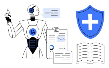 Veri güvenliği, yapay zeka teknolojisi, eğitim, analitik, sağlık, araştırma. Yapay zeka robotu dokümanlar ve analizlerle kalkanı haçla ve açık kitapla gösterir. Veri güvenliği ve yapay zeka teknolojisi kavramı
