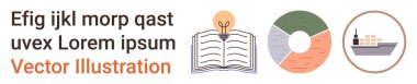 Eğitim, iş büyümesi, küresel ticaret, gemicilik, bilgi tasarımı, istatistikler. Ampul, pasta grafiği ve konteynırları olan bir kargo gemisiyle açık bir kitap. Eğitim ve iş büyüme kavramı