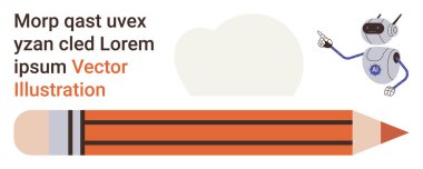 Eğitim, yazma araçları, robotik, teknoloji, iletişim, öğrenme. Robot bulut ve yer tutucu metinlerle kaleme doğru hareket ediyor. Eğitim ve yazma araçları kavramı