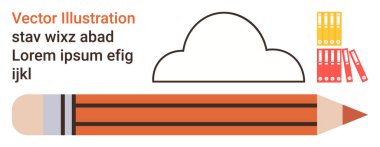 Eğitim, ofis aletleri, kırtasiye, organizasyon, yaratıcılık, tasarım. Bulut ve dosya klasörlü turuncu kalem. Kalem ve dosya dizinlerinin yanında eğitim ve ofis araçları