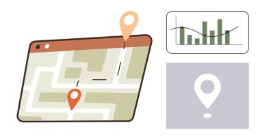 Yol planlaması, GPS sistemleri, iş analizi, veri takibi, coğrafya haritası, konum hizmetleri. İğneler, analitik şema ve konum işaretleyicisiyle bir harita arayüzü. Yönlendirme ve GPS sistemleri