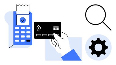 Dijital ödeme süreci. Bir ödeme terminali, bir kredi kartı, ve ilişkili ikonlar dijital işlemler. Dijital ödeme, dijital hizmetler, e-ticaret, fintech, mobil bankacılık