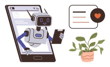 Yapay zeka, dijital iletişim, robot, otomasyon, kullanıcı etkileşimi, çevrimiçi hizmetler. Akıllı telefondan elinde bir kartla ortaya çıkan robot, ikon ve ev bitkisine mesaj gönderiyor. Yapay