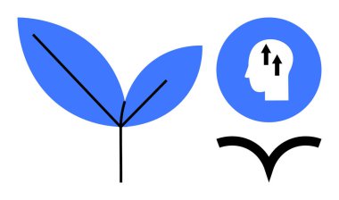 Büyüme konsepti. Bitki yapraklarıyla büyüme, kafa profili ve oklarla kişisel gelişim ve sürdürülebilirlik. Ekolojik çabalar, farkındalık, yenilik, eğitim ve yaratıcılık için büyüme