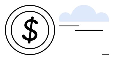 Finans, bulut hesaplama, dijital işlemler, kripto para birimi, online bankacılık, iş teknolojisi. Bulut simgesinin yanındaki çemberin içinde bir dolar sembolü. Finans ve bulut hesaplama