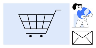 E-ticaret, online alışveriş, sürdürülebilirlik, dijital iletişim, paket teslimatı, tüketici davranışı. Alışveriş arabası, çevre dostu paket zarfı tutan kişi. E-ticaret ve sürdürülebilirlik