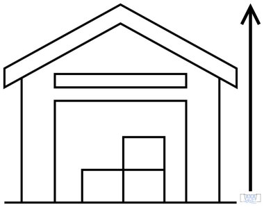 Lojistik, depolama, depo büyümesi, envanter yönetimi, tedarik zinciri, iş trendleri. Üst üste istiflenmiş kutular ve yukarı doğru bir okla dolu bir depo hattı. Lojistik ve depolama artışı