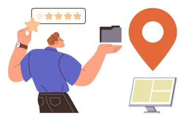 Customer feedback, workplace efficiency, navigation tools, location services, data organization, user experience. Man holding a rating star and file folder. Customer feedback and workplace efficiency