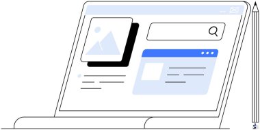 Dijital çalışma alanı. Araştırma, çevrimiçi eğitim, web tasarımı ve üretkenlik için dijital çalışma alanını belirten arama arayüzü, resim ve tarayıcı düzenine sahip modern bir laptop ekranı. Mükemmel.