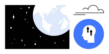 Uzay keşfi. Dünya 'yı, yıldızları ve evreni gösteren uzay çizimleri gelişim zihniyeti fikirleriyle eşleşti. Yenilik, yaratıcılık, bilim, eğitim ve küresel etki görselleri için alan