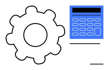Otomasyon, mühendislik, üretkenlik, makine öğrenimi, hesaplama, problem çözme. Bir vites ve mavi hesap makinesi. Modern problem çözme ve hesaplamada otomasyon ve mühendislik kavramları
