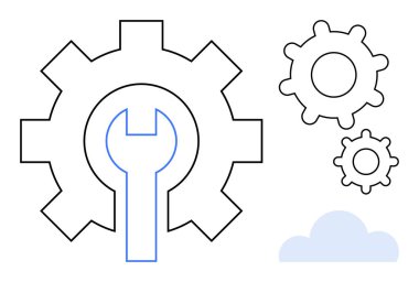 Bakım, makine mühendisliği, bulut teknolojisi, endüstriyel işlemler, dijital aletler, teknolojik destek. Daha küçük dişliler ve bir bulut ile çevrili inset anahtarı ile büyük teçhizat. Bakım