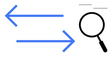 Veri transferi konsepti. Veri akışı ve arama işlevselliği basitleştirildi. Veri transferi zıt yönleri gösteren oklarla vurgulandı. Büyüteçle arama yapılıyor. Dijital için uygulanabilir