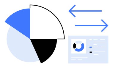 Veri görselleştirme kavramı. Pasta grafiği, oklar ve gösterge tablosuna göre veri analizi. Veri görselleştirmesi karar verme sürecine, trend analizlerine ve ilerleme takibine yardımcı oluyor. İş ve teknoloji için ideal.