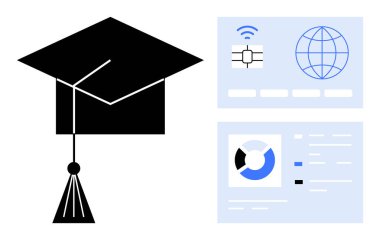 Çevrimiçi öğrenme kavramı. Bağlantı ve veri analizlerini vurgulayan dijital teknoloji simgeleriyle mezun olma başlığı. Modern eğitimde çevrimiçi öğrenme ve teknoloji. E-öğrenme, dijital araçlar için