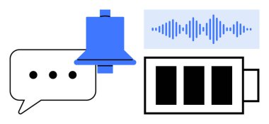 İletişim konsepti. İletişim sembolleri arasında mesaj bildirim, ses dalgası ve enerji bataryası yer alıyor. İletişim, bağlantıyı ve verimliliği arttırıyor. Uygulamalar, aygıtlar, UX tasarımı, enerji için