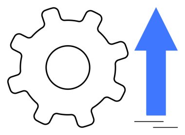 İlerleme, teknoloji, yenilik, iş büyümesi, verimlilik, verimlilik. Yukarı doğru mavi oklu siyah dişli. İlerleme ve teknoloji basit simge ögeleriyle gösterilmiştir