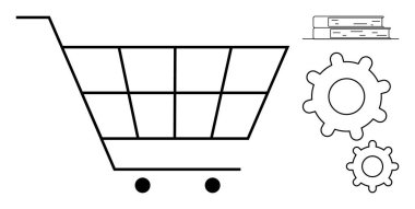 Ticaret, çevrimiçi öğrenme, otomasyon, perakende yönetimi, lojistik, dijital eğitim. Kitapları ve vitesleri olan alışveriş arabası. Ticaret ve online öğrenme kavramları