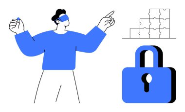 Sanal gerçeklik kavramları güvenlik fikirleriyle iç içe geçmiş. Kulaklık takan bir kişi sanal gerçeklik araştırması yaparken, asma kilit ve bulmaca parçaları güvenlik çözümleri öneriyor. Teknoloji için