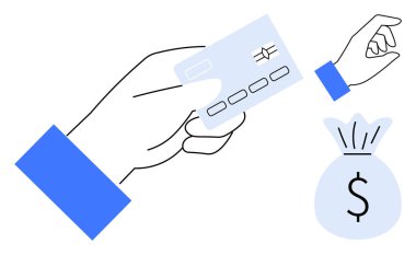 Ödeme işlemleri, bankacılık, mali işlemler, ekommerce, dijital ticaret, iş finansmanı. Kredi kartı tutan bir el ve dolar işareti olan bir çanta. Ödeme işlemleri ve bankacılık