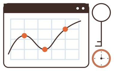 İş stratejisi, veri analizi, siber güvenlik, zaman yönetimi, güvenli erişim, ilerleme takibi. Çizgi grafiği, anahtar ve saat simgesi. Veri analizi ve siber güvenlik çizimi
