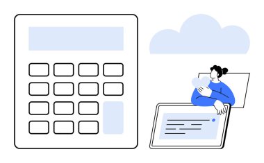 Vergi hesaplama konsepti. Vergi hesaplamasını büyük bir hesap makinesi ve tablet kullanan bir kişi üzerinden yapın. Finansal hizmetler için vergi görselleştirme, online muhasebe ve hesaplamalar. İş, fintech