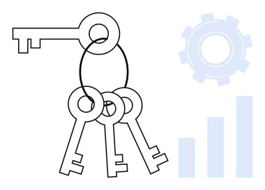 Erişim konsepti. Çizim, anahtarların bir dişli ve çubuk grafik erişimi, verimlilik ve güvenlik ile bağlantılı olduğunu gösteriyor. Araçlara erişim, yönetim, veri paylaşımı, üretkenlik