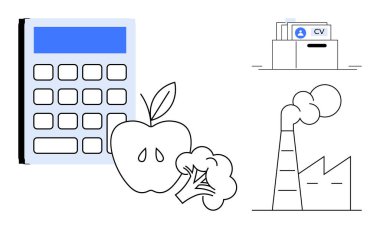 Sürdürülebilir ekonomi konsepti. Finans, beslenme ve kariyerlerde sürdürülebilirliği vurgulamak için hesap makinesi, sağlıklı gıda, istihdam belgeleri ve fabrika emisyonları. Çevre bilinci için