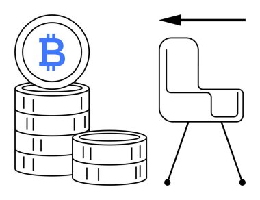 Bitcoin konsepti. Minimalist sandalye ve ok sembollü bitcoin yığınları kripto para yatırımı, teknoloji ve çalışma alanı fikirlerini vurgular. Fintech, dijital finans, çalışma alanları, yenilikler için